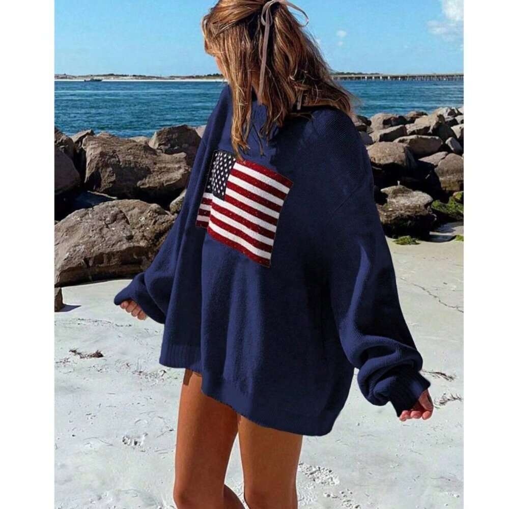 🇺🇸 usa flag american 4th of july oversized knit sweater navy blue - Picture 2 of 4